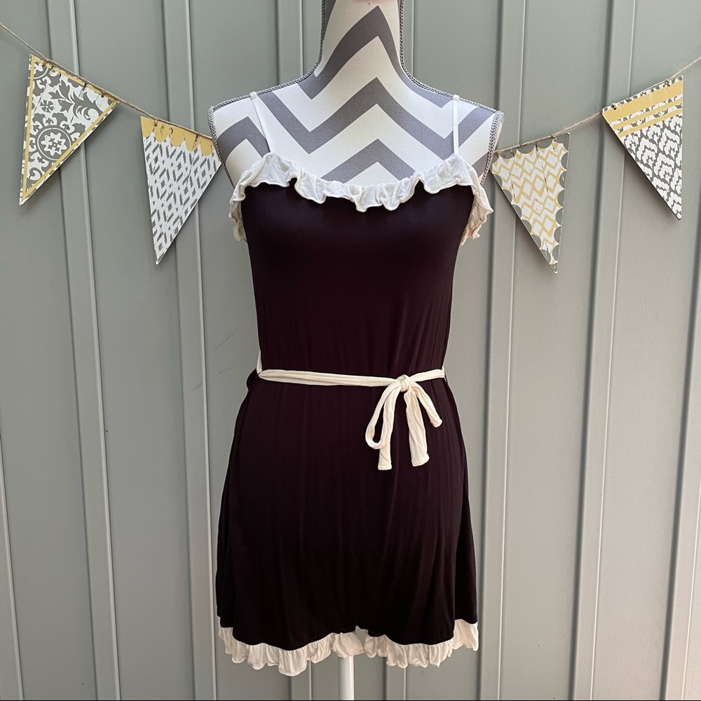 Anthropologie Bordeaux Black & Cream Ruffle Modal Sleep Romper